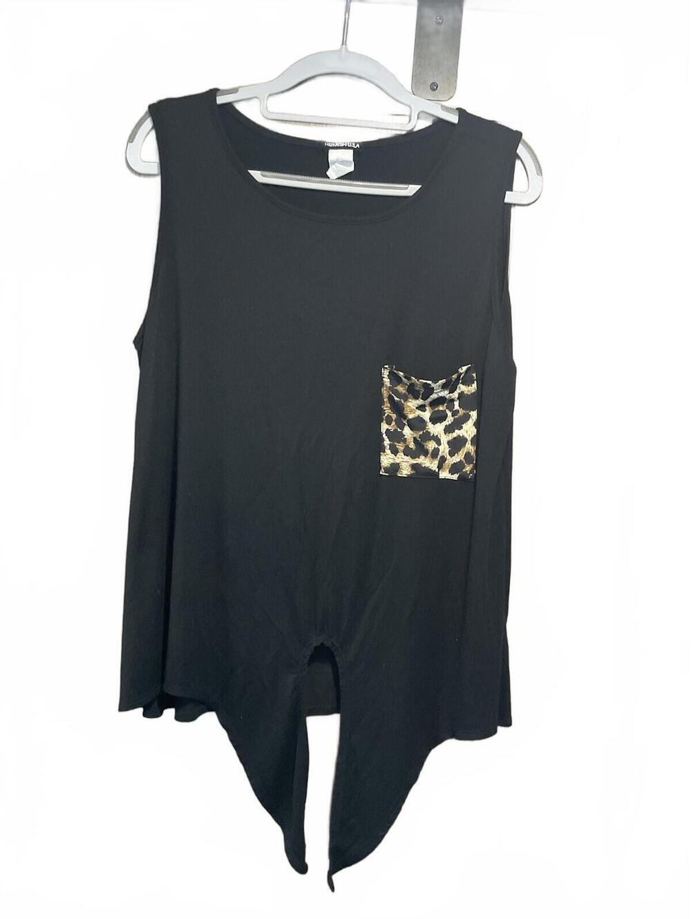 Heimisch U.S.A Womens Black Sleeveless Blouse W Tie Waist Animal Print Pocket L